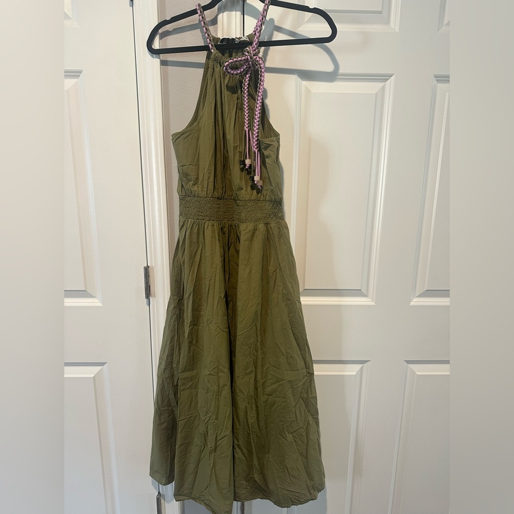 ESSENTIAL ANTWERP Khaki cotton halter neck midi dress. Size 4. - Picture 6 of 11